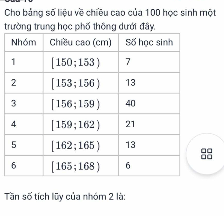 Cho bảng số liệu về chiều cao của 100 học sinh một 
trường trung học phổ thông dưới đây. 
Tần số tích lũy của nhóm 2 là: