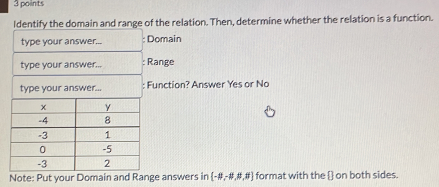 Identify the domain and range of the relation. Then, determine whether the relation is a function. 
type your answer... : Domain 
type your answer... : Range 
type your answer... : Function? Answer Yes or No 
Note: Put your Domain and Range answers in  -# ,-# ,# ,#  format with the  on both sides.