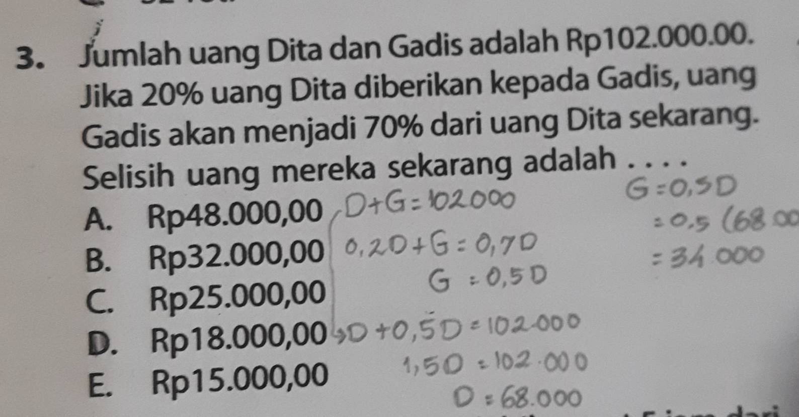 Jumlah uang Dita dan Gadis adalah Rp102.000.00.
Jika 20% uang Dita diberikan kepada Gadis, uang
Gadis akan menjadi 70% dari uang Dita sekarang.
Selisih uang mereka sekarang adalah _
A. Rp48.000,00
B. Rp32.000,00
C. Rp25.000,00
D. Rp18.000,00
E. Rp15.000,00