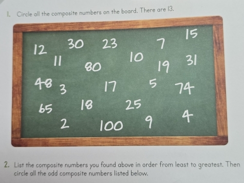 Circle all the composite numbers on the board. There are 13. 
2. List the composite numbers you found above in order from least to greatest. Then 
circle all the odd composite numbers listed below.