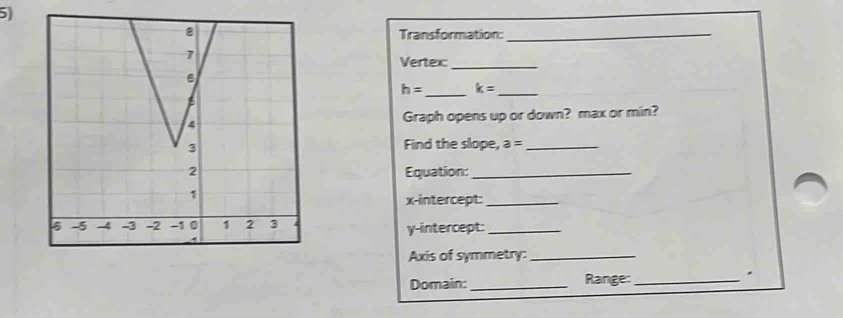 Transformation:_ 
7 
Vertex_ 
6 
_
h= k= _ 
4 Graph opens up or down? max or min? 
3 Find the slope, a= _ 
2 Equation:_ 
1 
x-intercept:_ 
5 -5 4 -3 -2 -1 0 1 2 3 y-intercept:_ 
. 
Axis of symmetry:_ 
Domain: _Range:_ 
.