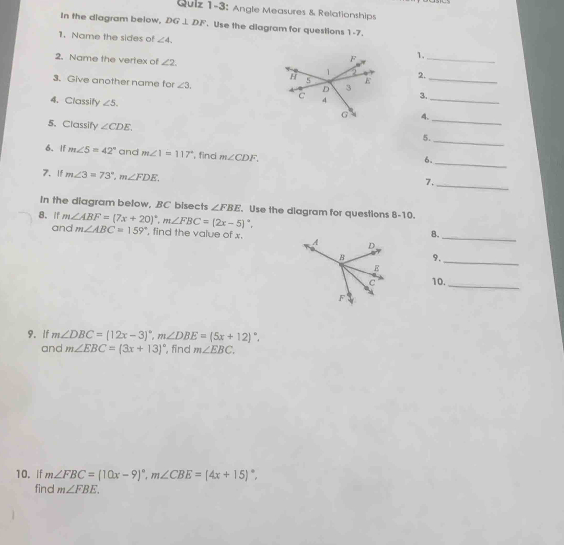 Solved: Quiz 1-3: Angle Measures & Relationships In the diagram below ...