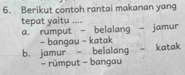 Berikut contoh rantai makanan yang
tepat yaitu ....
a. rumput - belalang - jamur
- bangau - katak
b. jamur - belalang - katak
- rŭmput - bangau