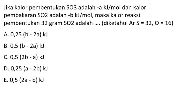 Jika kalor pembentukan SO3 adalah -a kJ/mol dan kalor
pembakaran SO2 adalah -b kJ/mol, maka kalor reaksi
pembentukan 32 gram SO2 adalah .... (diketahui Ar S=32,O=16)
A. 0,25(b-2a)kJ
B. 0,5(b-2a)kJ
C. 0,5(2b-a)kJ
D. 0,25(a-2b)kJ
E. 0,5(2a-b)kJ