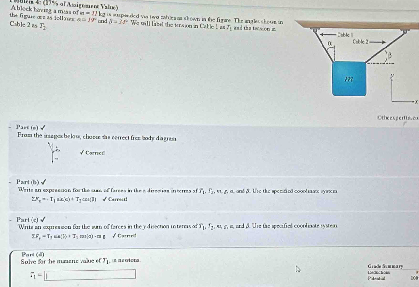 Toblem 4: (17% of Assignment Value) 
A block having a mass of m=11k g is suspended via two cables as shown in the figure. The angles shown in 
the figure are as follows alpha =19° and beta =34° We will label the tension in Cable 1 as T_1
Cable 2 as T_2 and the tension in
=x
©theexpertta.co 
Part (ə) √ 
From the images below, choose the correct free body diagram. 
√ Correct! 
Part (b) √ 
Write an expression for the sum of forces in the x direction in terms of T_1, T_2, , m, g, α, and β. Use the specified coordinate system
sumlimits F_x=-T_1sin (alpha )+T_2cos (beta ) √ Correct! 
. Part (c) 
Write an expression for the sum of forces in the y direction in terms of T_1, T_2 , m, g, α, and β Use the specified coordinate system
sumlimits F_y=T_2sin (beta )+T_1cos (alpha )-mg √ Correct! 
Part (d) 
Solve for the numeric value of T_1 , in newtons. Grade Summary
T_1=□
Deductions o 
Potential 100