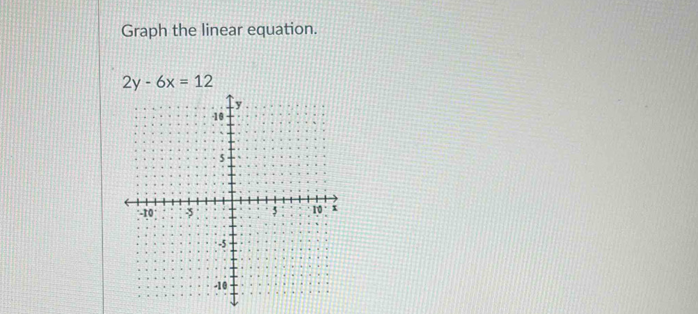 Graph the linear equation.
2y-6x=12