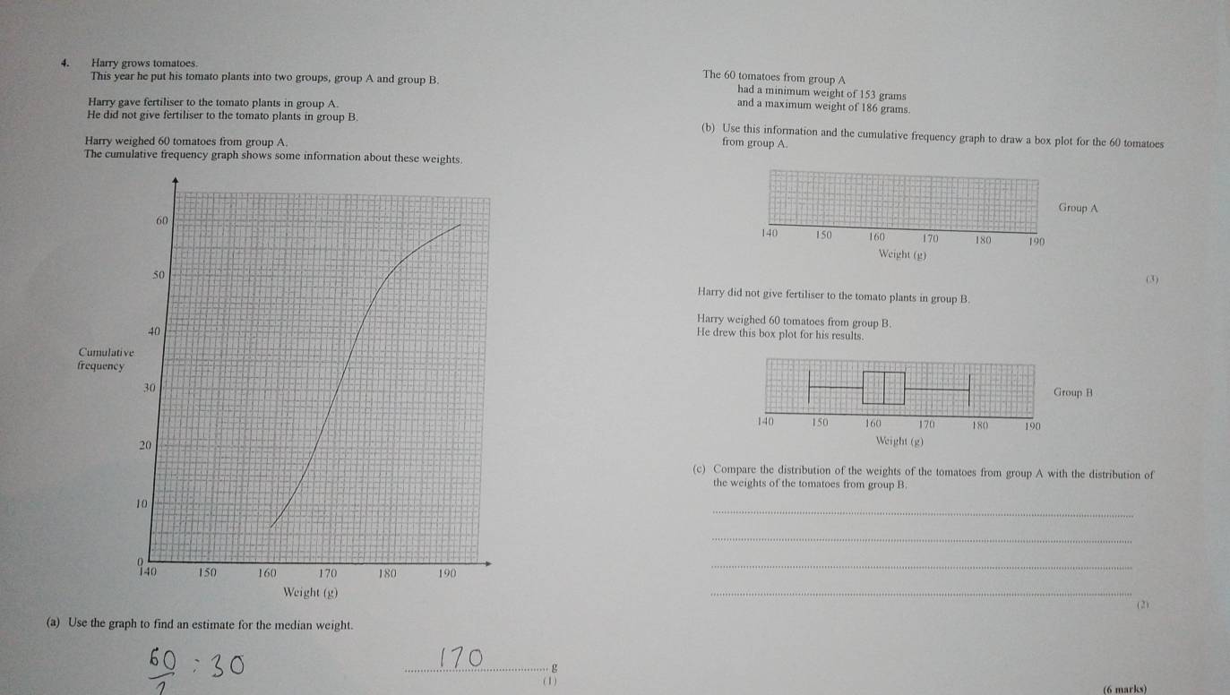 Harry grows tomatoes.
This year he put his tomato plants into two groups, group A and group B.
The 60 tomatoes from group A
had a minimum weight of 153 grams
Harry gave fertiliser to the tomato plants in group A.
and a maximum weight of 186 grams.
He did not give fertiliser to the tomato plants in group B. (b) Use this information and the cumulative frequency graph to draw a box plot for the 60 tomatoes
Harry weighed 60 tomatoes from group A. from group A.
The cumulative frequency graph shows some information about these weights.
(3)
Harry did not give fertiliser to the tomato plants in group B.
Harry weighed 60 tomatoes from group B.
He drew this box plot for his results
(c) Compare the distribution of the weights of the tomatoes from group A with the distribution of
the weights of the tomatoes from group B.
_
_
_
_
(2)
(a) Use the graph to find an estimate for the median weight.
_g
(6 marks)
