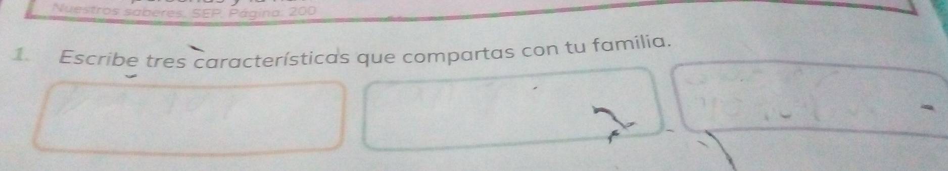 Nuestros saberes. SEP. Página: 200
1. Escribe tres características que compartas con tu familia.