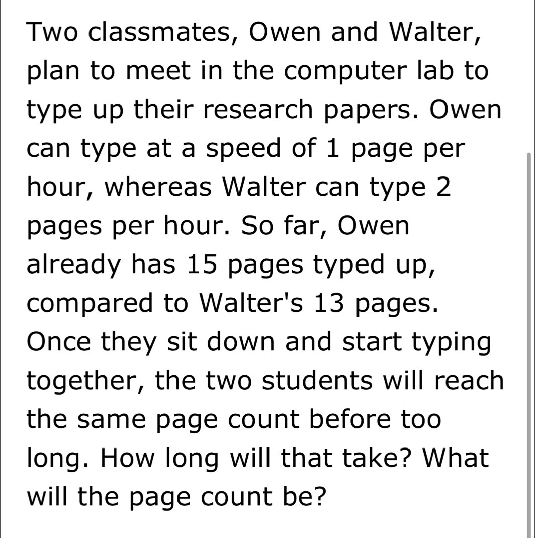 Two classmates, Owen and Walter, 
plan to meet in the computer lab to 
type up their research papers. Owen 
can type at a speed of 1 page per 
hour, whereas Walter can type 2
pages per hour. So far, Owen 
already has 15 pages typed up, 
compared to Walter's 13 pages. 
Once they sit down and start typing 
together, the two students will reach 
the same page count before too 
long. How long will that take? What 
will the page count be?