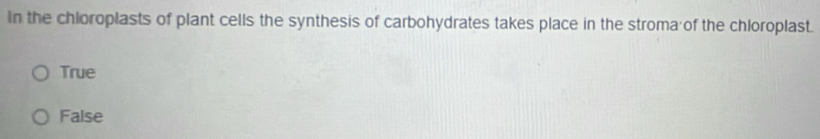 In the chloroplasts of plant cells the synthesis of carbohydrates takes place in the stroma of the chloroplast.
True
False