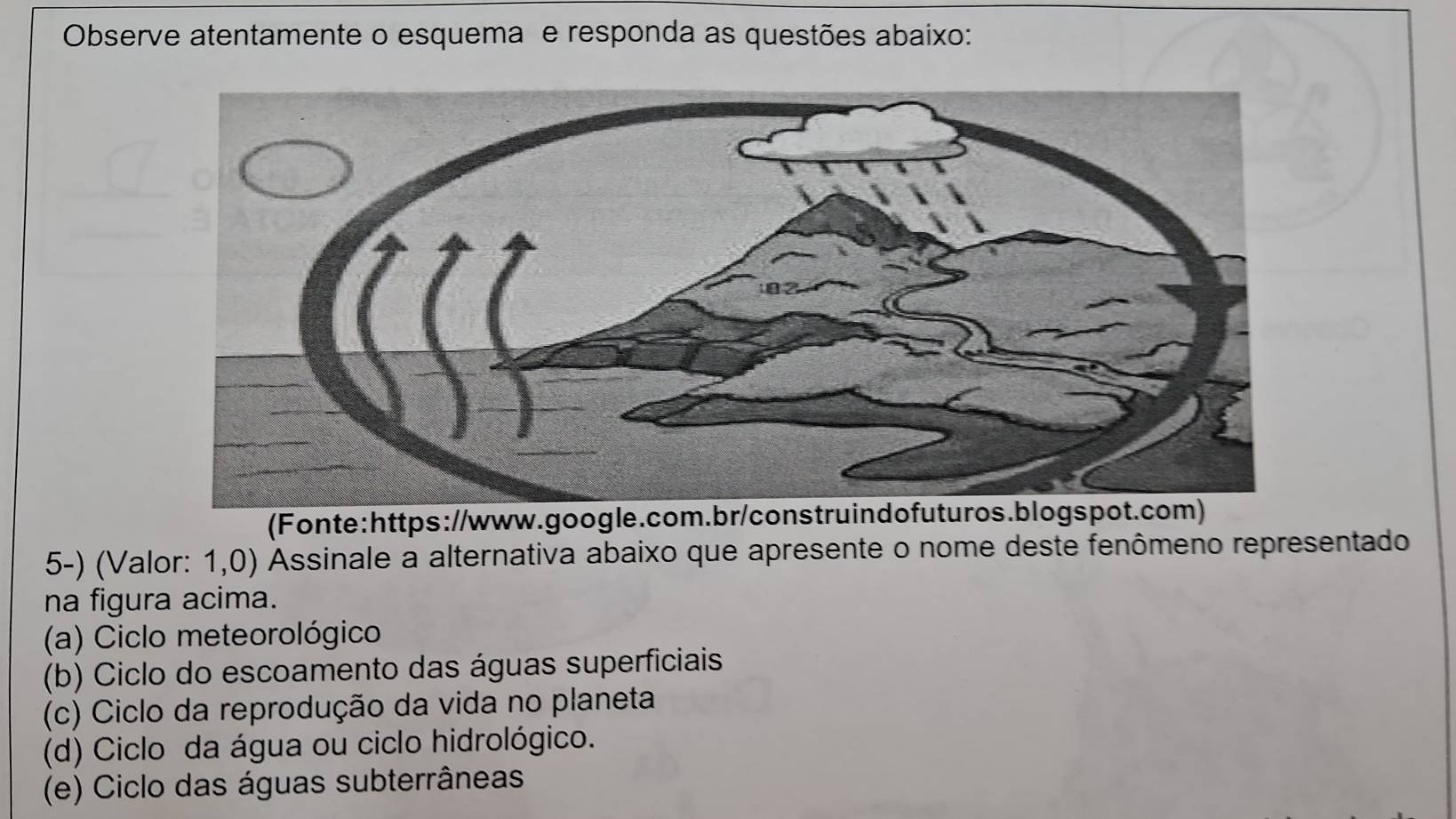 Observe atentamente o esquema e responda as questões abaixo:
(Fonte:https://www.google.com.br/construindofuturos.blogspot.com)
5-) (Valor: 1,0) Assinale a alternativa abaixo que apresente o nome deste fenômeno representado
na figura acima.
(a) Ciclo meteorológico
(b) Ciclo do escoamento das águas superficiais
(c) Ciclo da reprodução da vida no planeta
(d) Ciclo da água ou ciclo hidrológico.
(e) Ciclo das águas subterrâneas