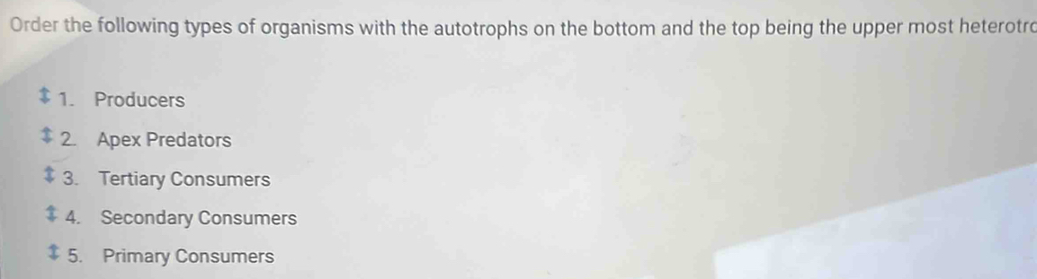 Order the following types of organisms with the autotrophs on the bottom and the top being the upper most heterotro 
1. Producers 
2. Apex Predators 
3. Tertiary Consumers 
4. Secondary Consumers 
5. Primary Consumers