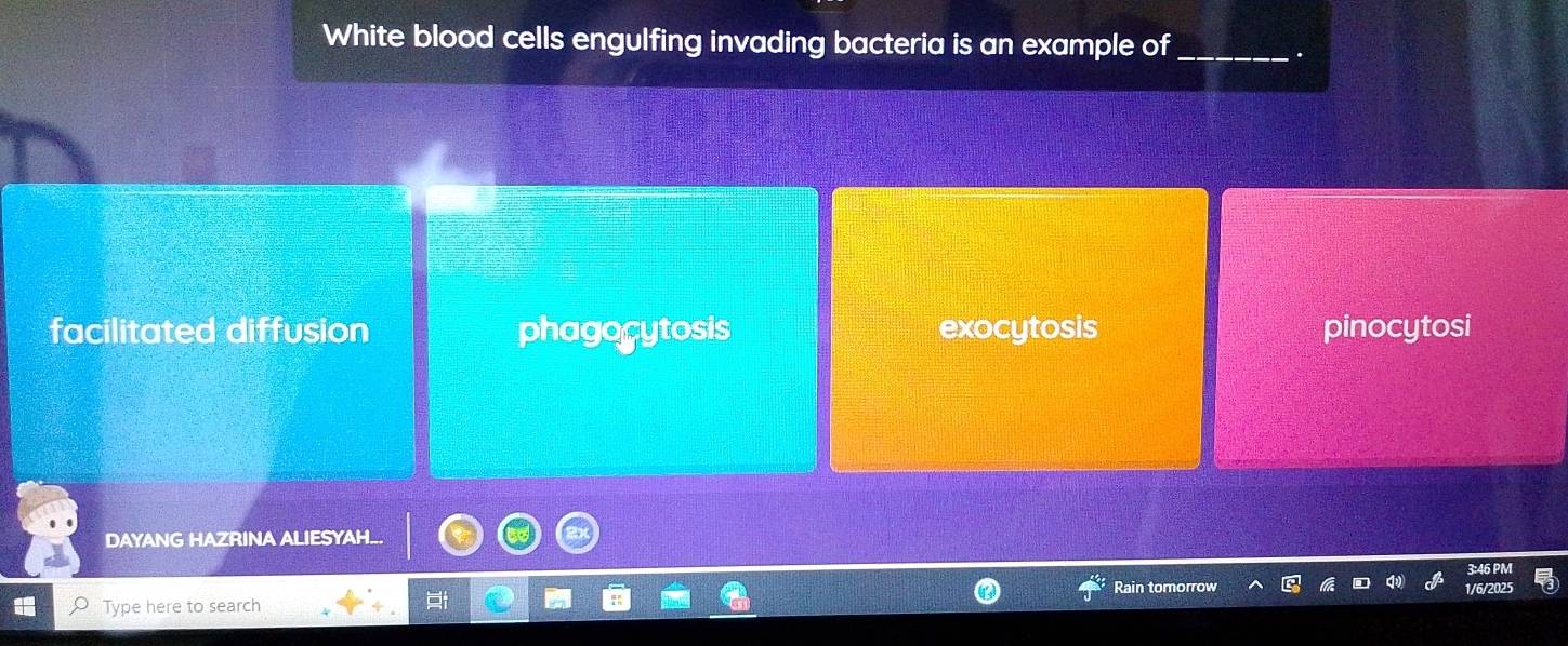 White blood cells engulfing invading bacteria is an example of_
.
facilitated diffusion phagogytosis exocytosis pinocytosi
DAYANG HAZRINA ALIESYAH...
Rain tor
Type here to search