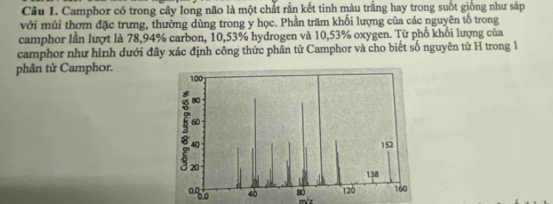 Camphor có trong cây long não là một chất rắn kết tinh màu trắng hay trong suốt giống như sáp 
với mùi thơm đặc trưng, thường dùng trong y học. Phần trăm khối lượng của các nguyên tố trong 
camphor lần lượt là 78,94% carbon, 10,53% hydrogen và 10,53% oxygen. Từ phố khối lượng của 
camphor như hình dưới đây xác định công thức phân tử Camphor và cho biết số nguyên từ H trong 1 
phân tử Camphor.
m/z