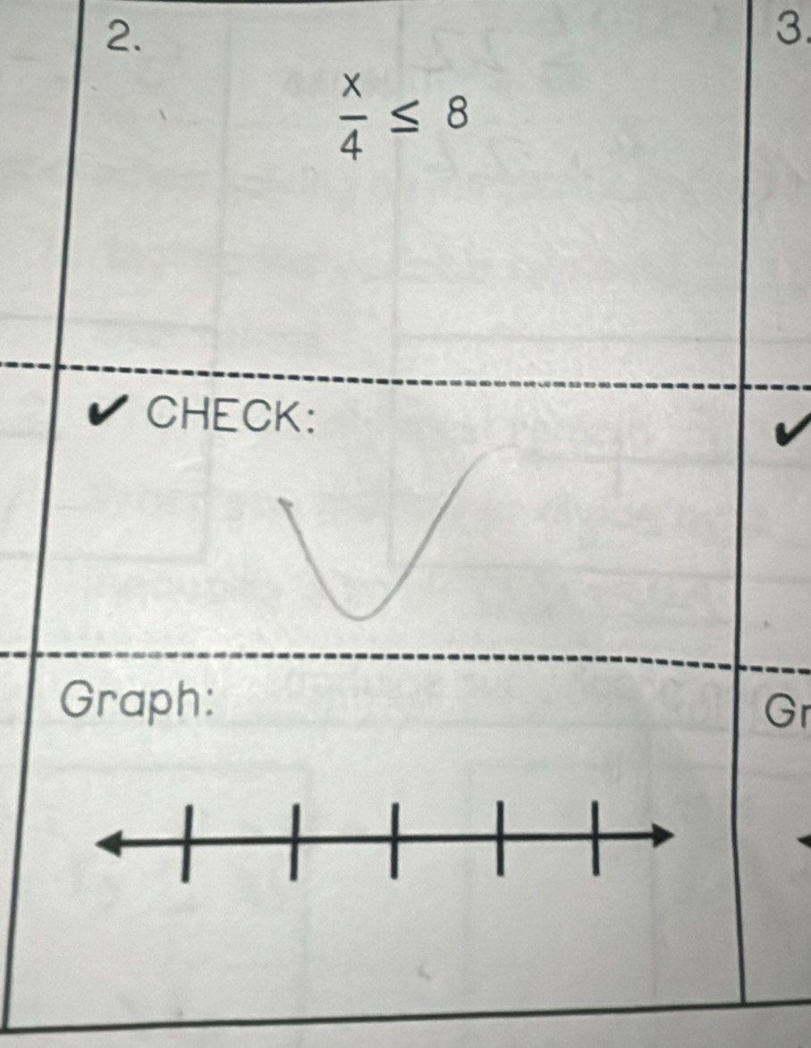  x/4 ≤ 8
CHECK: 
Graph: 
Gr