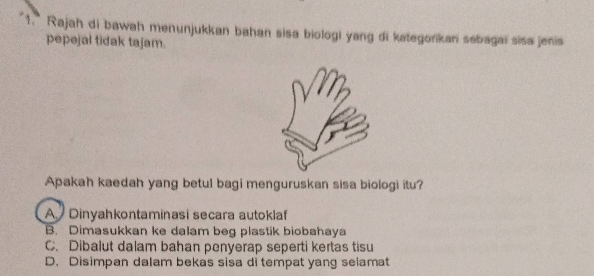 Rajah di bawah menunjukkan bahan sisa biologi yang di kategorikan sebagai sisa jenis
pepejal tidak tajam.
Apakah kaedah yang betul bagi menguruskan sisa biologi itu?
A Dinyahkontaminasi secara autoklaf
B. Dimasukkan ke dalam beg plastik biobahaya
C. Dibalut dalam bahan penyerap seperti kertas tisu
D. Disimpan dalam bekas sisa di tempat yang selamat