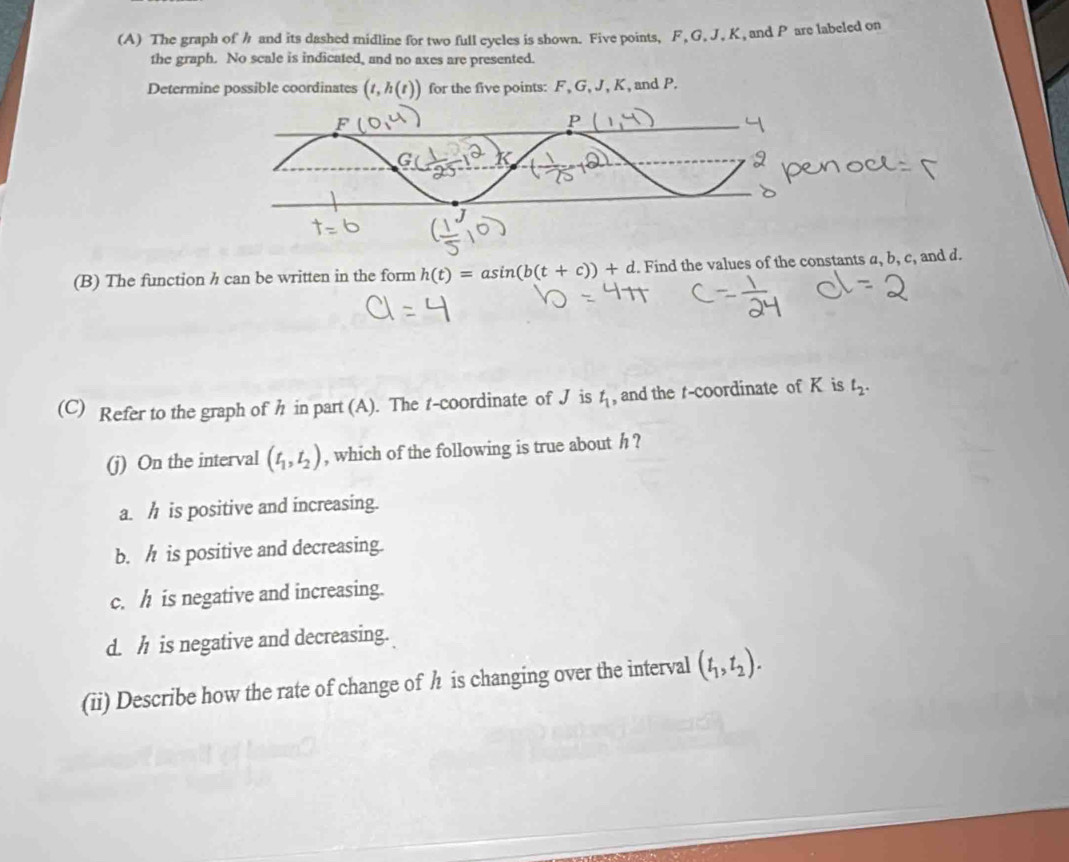 Solved: The graph of h and its dashed midline for two full cycles is ...