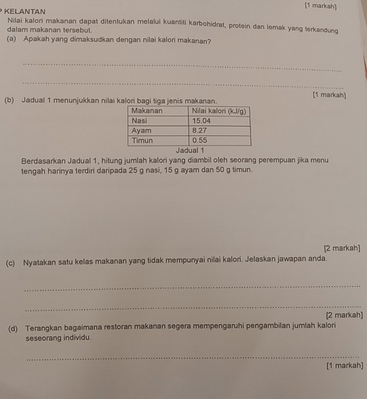 [1 markah] 
KELANTAN 
Nilai kalori makanan dapat ditentukan melalui kuantiti karbohidrat, protein dan lemak yang terkandung 
dalam makanan tersebut. 
(a) Apakah yang dimaksudkan dengan nilai kalori makanan? 
_ 
_ 
[1 markah] 
(b) Jadual 1 menunjukkan nilai kalori bagi tiga jenis makanan. 
Jadual 1 
Berdasarkan Jadual 1, hitung jumlah kalori yang diambil oleh seorang perempuan jika menu 
tengah harinya terdiri daripada 25 g nasi, 15 g ayam dan 50 g timun. 
[2 markah] 
(c) Nyatakan satu kelas makanan yang tidak mempunyai nilai kalori. Jelaskan jawapan anda. 
_ 
_ 
[2 markah] 
(d) Terangkan bagaimana restoran makanan segera mempengaruhi pengambilan jumlah kalori 
seseorang individu. 
_ 
[1 markah]