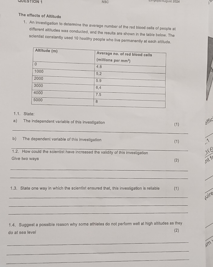 NSC Limpopo/August 2024  
The effects of Altitude
1. An investigation to determine the average number of the red blood cells of people at
different altitudes was conducted, and the results are shown in the table below. The
scientist constantly used 10 healthy people who live permanently at each altitude.
1.1. State:
a) The independent variable of this investigation (1) affic
_
_
b) The dependent variable of this investigation (1) ..1
_
1.2. How could the scientist have increased the validity of this investigation
_
So
Give two ways (2) nt f
_
_
_
1.3. State one way in which the scientist ensured that, this investigation is reliable (1)
_
_
quire
_
_
1.4. Suggest a possible reason why some athletes do not perform well at high altitudes as they
_
do at sea level
(2)
_
_
3m
_
_