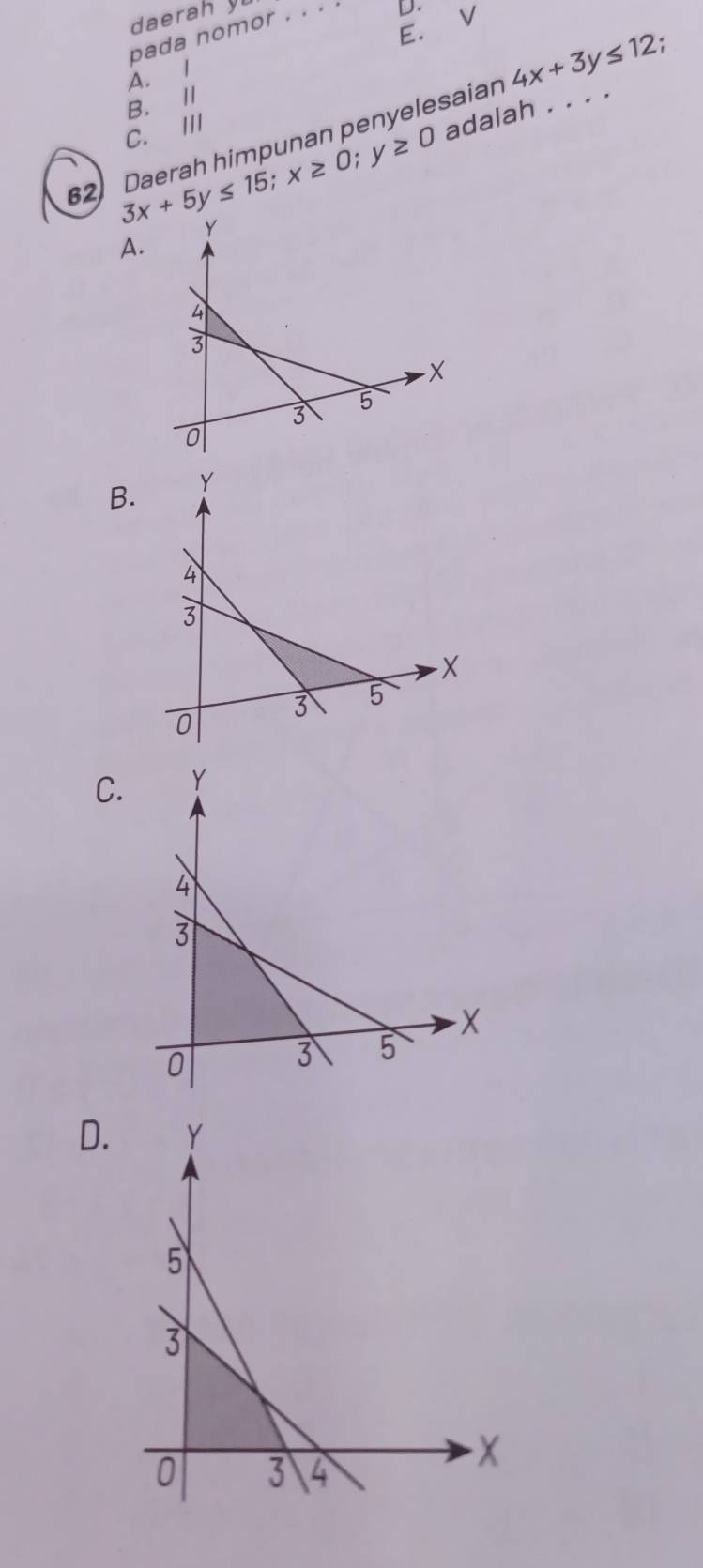 daerah yu
pada nomor . . .
D.
A. I E. V
B. Ⅱ
3x+5y≤ 15; x≥ 0; y≥ 0 adalah . . . .
62 Daerah himpunan penyelesaian 4x+3y≤ 12.
C. III
A.
B.
C.
D.