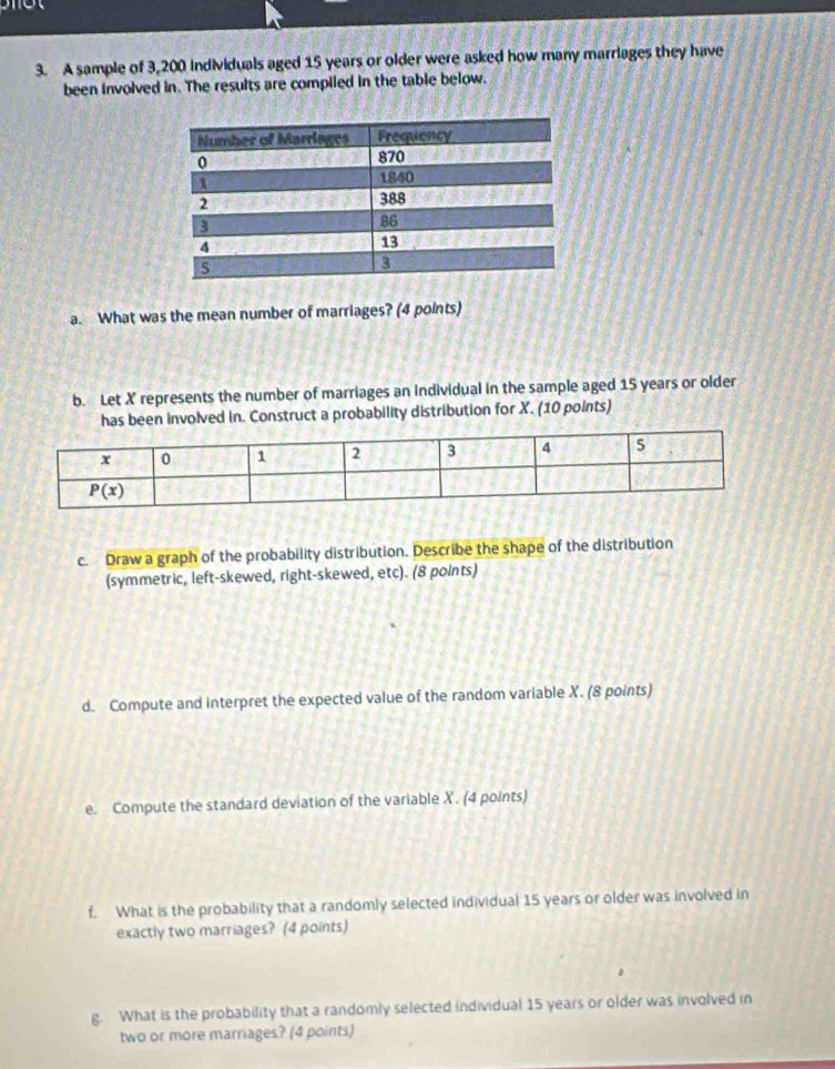 A sample of 3,200 individuals aged 15 years or older were asked how many marriages they have
been involved in. The results are compiled in the table below.
a. What was the mean number of marriages? (4 points)
b. Let X represents the number of marriages an individual in the sample aged 15 years or older
has been involved in. Construct a probability distribution for X. (10 points)
c. Draw a graph of the probability distribution. Describe the shape of the distribution
(symmetric, left-skewed, right-skewed, etc). (8 points)
d. Compute and interpret the expected value of the random variable X. (8 points)
e. Compute the standard deviation of the variable X. (4 points)
f. What is the probability that a randomly selected individual 15 years or older was involved in
exactly two marriages? (4 points)
g. What is the probability that a randomly selected individual 15 years or older was involved in
two or more marriages? (4 points)