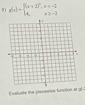 g(x)=beginarrayl (x+2)^2,x
Evaluate the piecewise function at g(-2