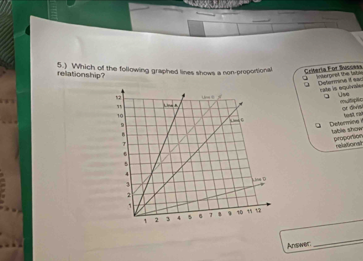 5.) Which of the following graphed lines shows a non-proportional Criteria For Success 
relationship? 
Interpret the lable 
Determine if eac 
rate is equivale 
Úse 
multíplic 
or divisi 
test ral 
Determine 
table show 
proportion 
relationsh 
Answer: 
_