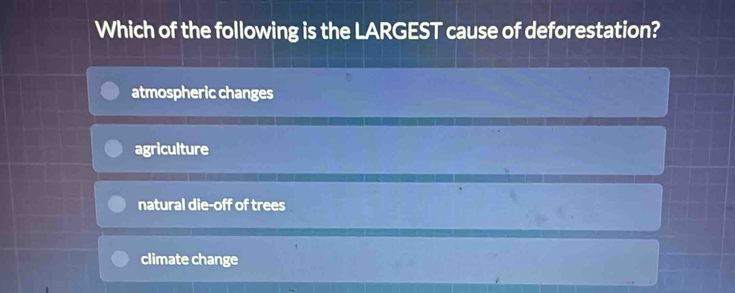 Which of the following is the LARGEST cause of deforestation?
atmospheric changes
agriculture
natural die-off of trees
climate change