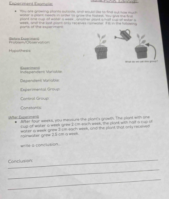 Name5 Edmow 
Experiment Example: 
You are growing plants outside, and would like to find out how much 
water a plant needs in order to grow the fastest. You give the first 
plant one cup of water a week , another plant a half cup of water a 
week, and the last plant only receives rainwater. Fill in the following 
parts of the experiment: 
(Before Experiment) 
Problem/Observation: 
Hypothesis: 
(Experiment 
Independent Variable: 
Dependent Variable; 
Experimental Group: 
Control Group: 
Constants: 
(After Experiment) 
After four weeks, you measure the plant's growth. The plant with one 
cup of water a week grew 2 cm each week, the plant with half a cup of 
water a week grew 3 cm each week, and the plant that only received 
rainwater grew 2.5 cm a week. 
write a conclusion... 
_ 
Conclusion: 
_ 
_