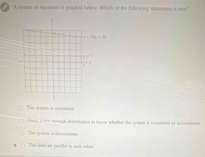 A system of equations is graphed below. Which of the following statements is true?
The system is consistent.
There is not enough information to know whether the system is consistent or inconsistent.
The system is inconsistent.
The lines are parallel to each other.