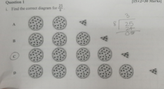 115* 2=30 Marks」
i. Find the correct diagram for  25/8 .
A
B
C
D