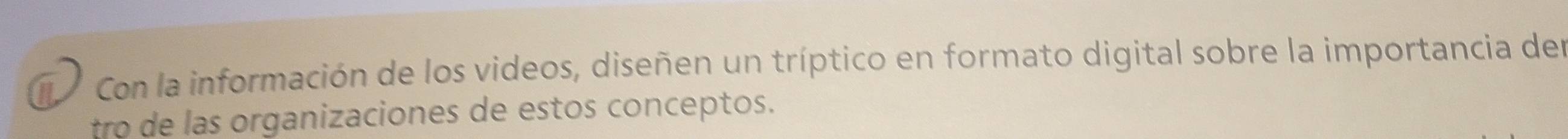 Con la información de los videos, diseñen un tríptico en formato digital sobre la importancia den 
tro de las organizaciones de estos conceptos.