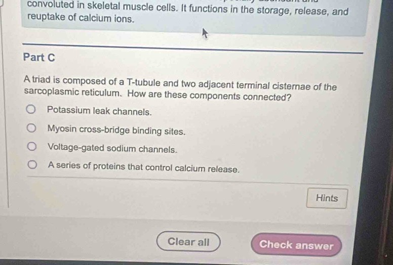 convoluted in skeletal muscle cells. It functions in the storage, release, and
reuptake of calcium ions.
Part C
A triad is composed of a T-tubule and two adjacent terminal cisternae of the
sarcoplasmic reticulum. How are these components connected?
Potassium leak channels.
Myosin cross-bridge binding sites.
Voltage-gated sodium channels.
A series of proteins that control calcium release.
Hints
Clear all Check answer