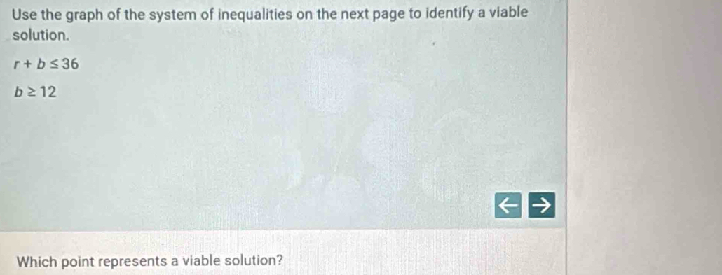 Use the graph of the system of inequalities on the next page to identify a viable 
solution.
r+b≤ 36
b≥ 12
Which point represents a viable solution?