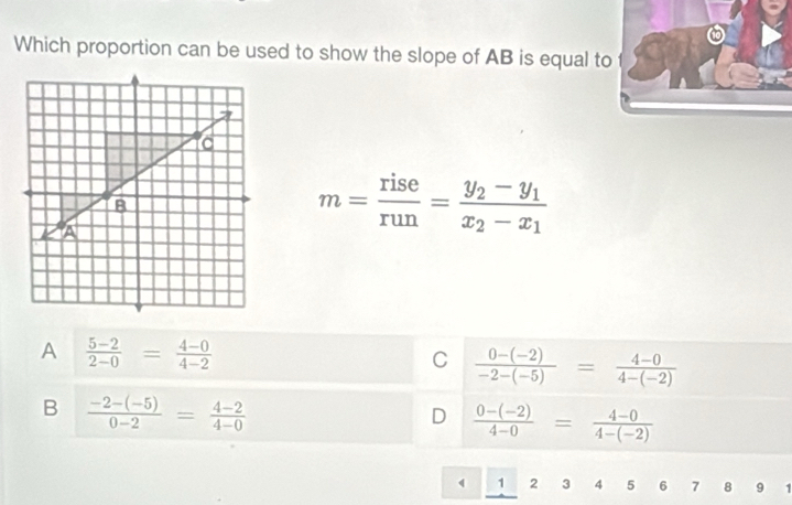 Which proportion can be used to show the slope of AB is equal to
m= rise/run =frac y_2-y_1x_2-x_1
A  (5-2)/2-0 = (4-0)/4-2 
C  (0-(-2))/-2-(-5) = (4-0)/4-(-2) 
B  (-2-(-5))/0-2 = (4-2)/4-0 
D  (0-(-2))/4-0 = (4-0)/4-(-2) 
1 2 3 4 5 6 7 8 9 1