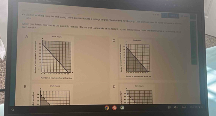 yoos. 
= Liam is working two jobs and taking online courses toward a college degree. To allow time for studying. Liam works it mos 54 houm pr wes a to 
each week? 
Which graph best represents the possible number of hours that Liam works at his first job, z, and the number of bours mat Lan werks at he sntoo s 
A 
C 


B Work Hours
r
54

“ 
: 54
8 35
42
1