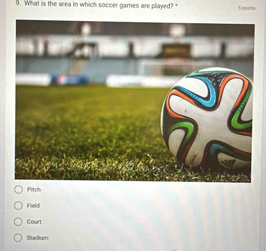 What is the area in which soccer games are played? * 5 points
Pitch
Field
Court
Stadium