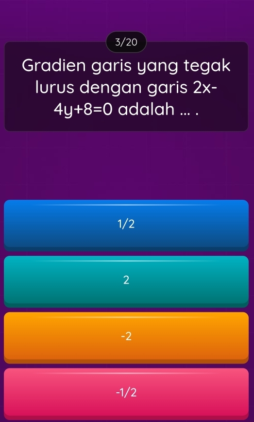 3/20
Gradien garis yang tegak
lurus dengan garis 2x-
4y+8=0 adalah ... .
1/2
2
-2
-1/2