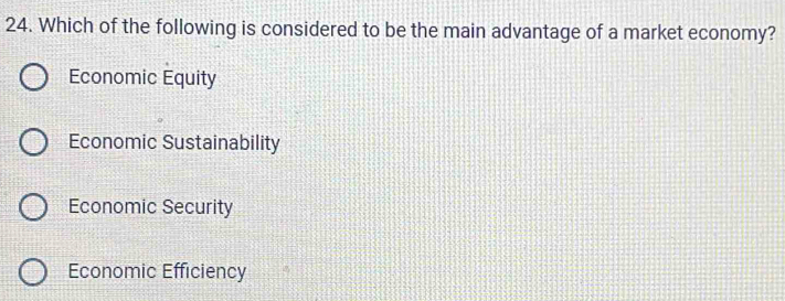 Which of the following is considered to be the main advantage of a market economy?
Economic Equity
Economic Sustainability
Economic Security
Economic Efficiency