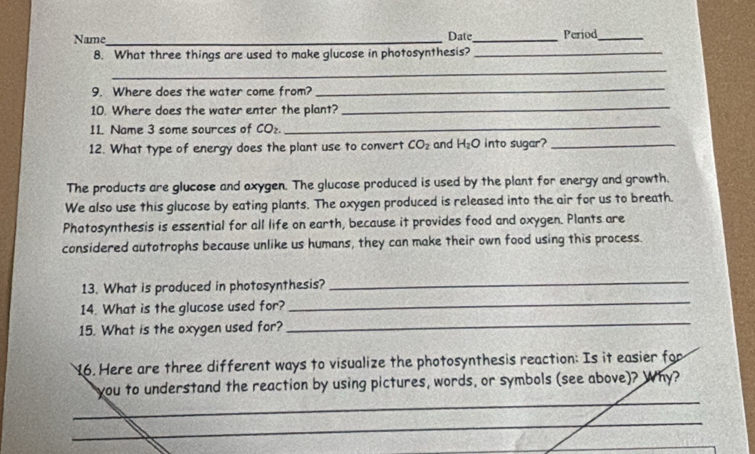 Name_ Date_ Period_
8. What three things are used to make glucose in photosynthesis?_
_
9. Where does the water come from?_
10. Where does the water enter the plant?
_
11. Name 3 some sources of CO₂.
_
12. What type of energy does the plant use to convert CO_2 and H_2O into sugar?_
The products are glucose and axygen. The glucose produced is used by the plant for energy and growth.
We also use this glucose by eating plants. The oxygen produced is released into the air for us to breath.
Photosynthesis is essential for all life on earth, because it provides food and oxygen. Plants are
considered autotrophs because unlike us humans, they can make their own food using this process.
_
13. What is produced in photosynthesis?_
14. What is the glucose used for?
15. What is the oxygen used for?
_
Y6. Here are three different ways to visualize the photosynthesis reaction: Is it easier for
_
you to understand the reaction by using pictures, words, or symbols (see above)? Why?
_
_
_