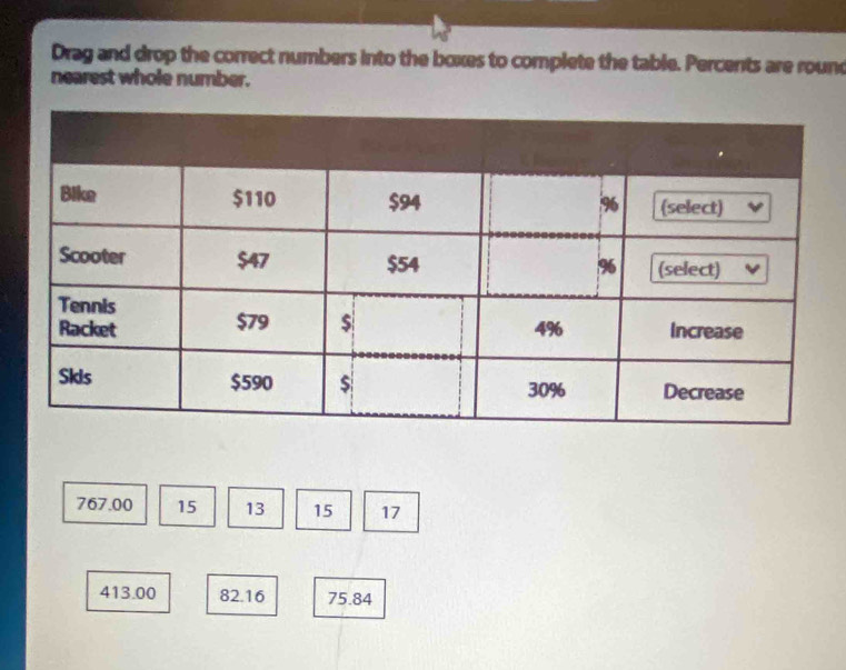 Drag and drop the correct numbers into the boxes to complete the table. Percents are round 
nearest whole number.
767.00 15 13 15 17
413.00 82.16 75.84