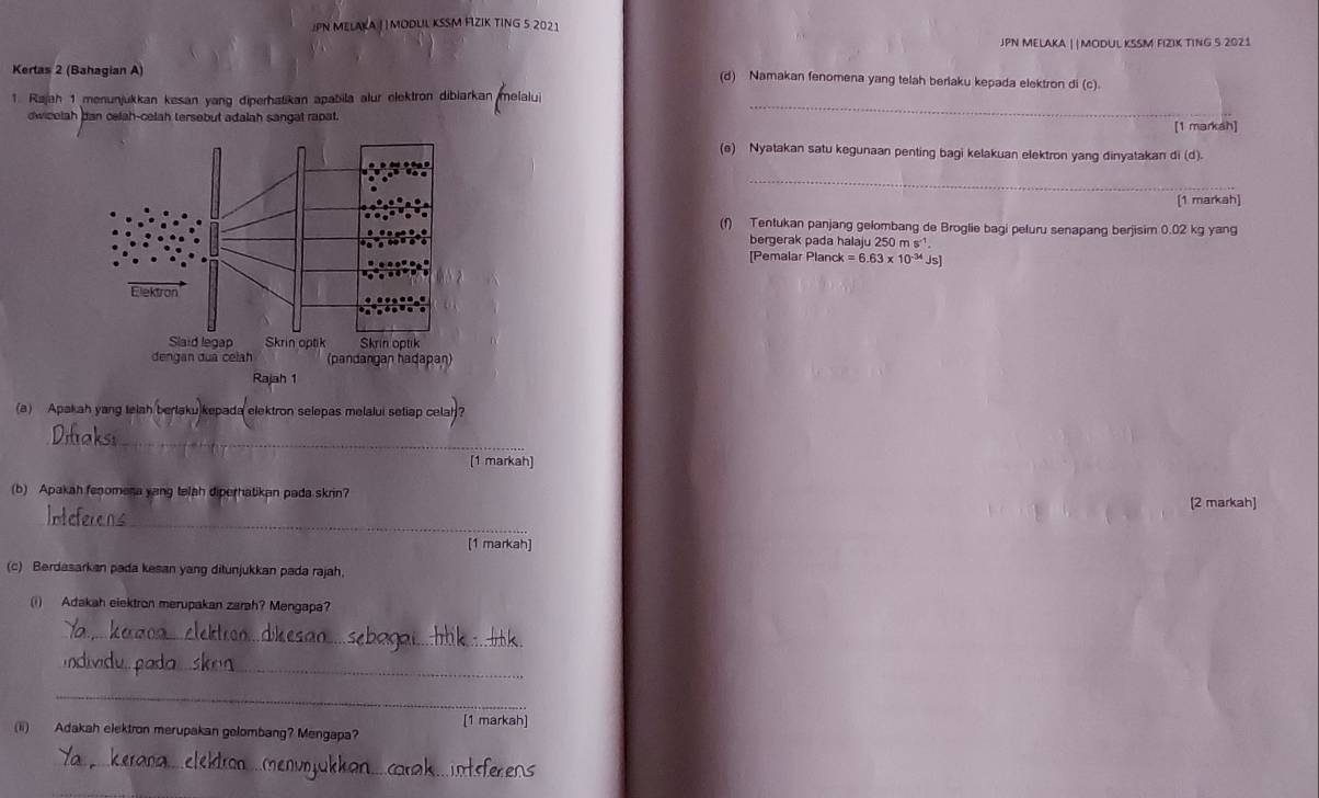 JPN MELAKA | MODLIL KSSM FIZIK TING 5 2021 
PN MELAKA | |MODUL KSSM FIZIK TING 5 2021 
Kertas 2 (Bahagian A) 
(d) Namakan fenomena yang telah beriaku kepada elektron di (c) 
1. Rajah 1 menunjukkan kesan yang diperhatikan apabila alur elektron dibiarkan melalu 
dwicelah dan celah-celah tersebut adalah sangal rapat. 
_ 
[1 markah] 
(e) Nyatakan satu kegunaan penting bagi kelakuan elektron yang dinyatakan di (d). 
_ 
[1 markah] 
(f) Tentukan panjang gelombang de Broglie bagi peluru senapang berjisim 0.02 kg yang 
bergerak pada halaju 250 m s¹
[Pemalar Pland k=6.63* 10^(-34)Js]
Elektron 
Slaid legap Skrin optik Skrin optik 
dengan dua celah (pandangan hadapan) 
Rajah 1 
(a) Apakah yang telah berlaku kepada elektron selepas melalui setiap celah? 
__ 
[1 markah] 
(b) Apakah fenomena yang telah diperhatikan pada skrin? 
_ 
[2 markah] 
[1 markah] 
(c) Berdasarkan pada kesan yang ditunjukkan pada rajah, 
(i) Adakah eiektron merupakan zarah? Mengapa? 
_ 
_ 
_ 
(ii) Adakah elektron merupakan gelombang? Mengapa? [1 markah] 
_