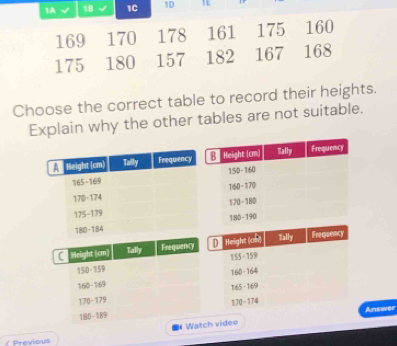 1A v 1B √ 1C 1D TE
169 170 178 161 175 160
175 180 157 182 167 168
Choose the correct table to record their heights. 
Explain why the other tables are not suitable. 
Height (cm) Tally Frequency ① Height (am) Tally Frequency
150- 159 155 - 159
160-164
160-169
165 - 169
170-179
180-189 170 - 174
Answer 
# Watch video 
/ Previous