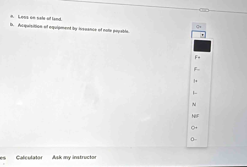 a. Loss on sale of land.
b. Acquisition of equipment by issuance of note payable.
F+
N
NIF
O+
es Calculator Ask my instructor