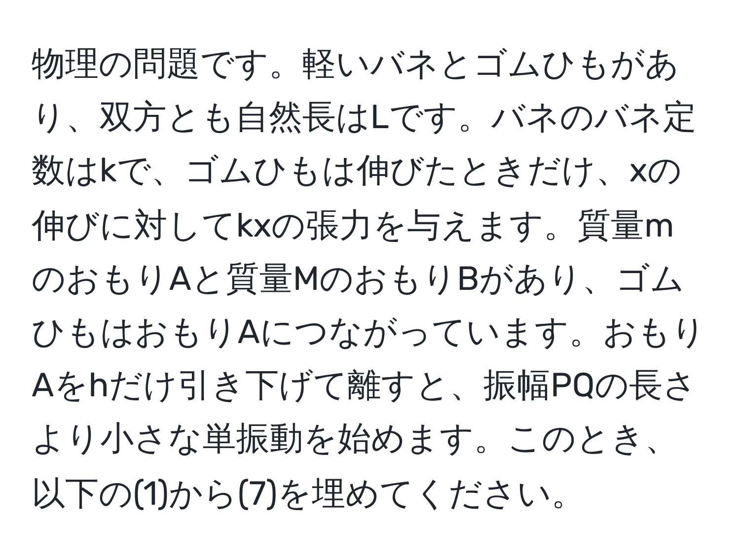 物理の問題です。軽いバネとゴムひもがあり、双方とも自然長はLです。バネのバネ定数はkで、ゴムひもは伸びたときだけ、xの伸びに対してkxの張力を与えます。質量mのおもりAと質量MのおもりBがあり、ゴムひもはおもりAにつながっています。おもりAをhだけ引き下げて離すと、振幅PQの長さより小さな単振動を始めます。このとき、以下の(1)から(7)を埋めてください。