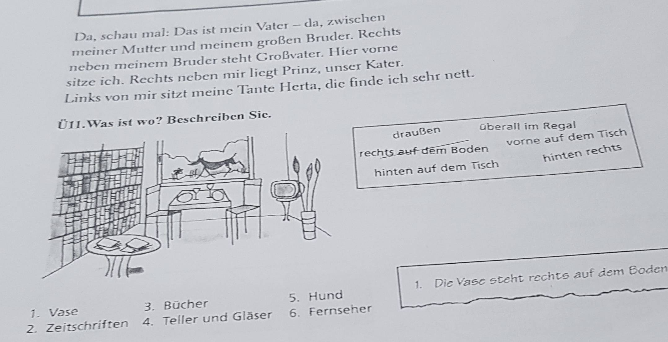 Da, schau mal: Das ist mein Vater - da, zwischen
meiner Mutter und meinem großen Bruder. Rechts
neben meinem Bruder steht Großvater. Hier vorne
sitze ich. Rechts neben mir liegt Prinz, unser Kater.
Links von mir sitzt meine Tante Herta, die finde ich sehr nett.
Ü11.Was ist wo? Beschreiben Sie.
draußen
überall im Regal
rechts auf dem Boden vorne auf dem Tisch
hinten rechts
hinten auf dem Tisch
1. Die Vase steht rechts auf dem Boden
1. Vase 3. Bücher 5. Hund
2. Zeitschriften 4. Teller und Gläser 6. Fernseher