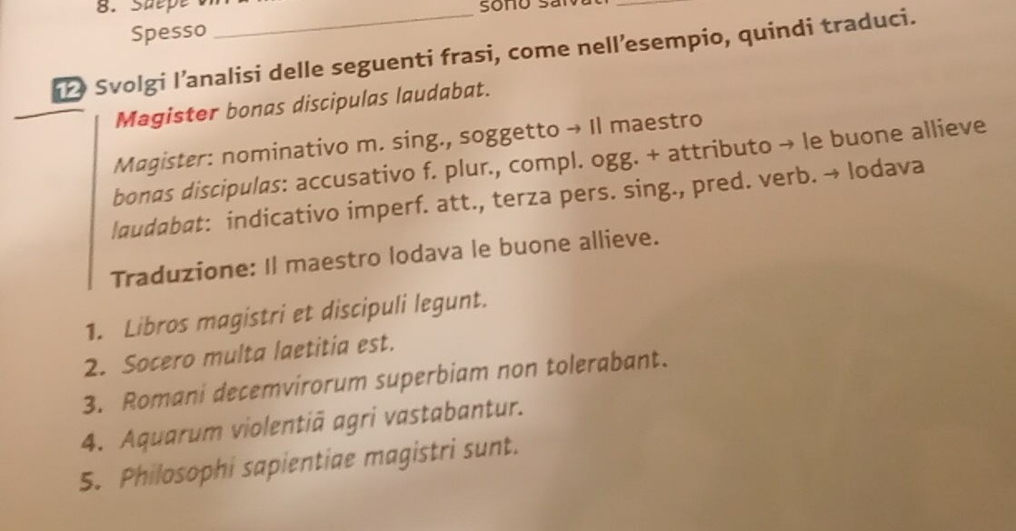 Suepe o 
Spesso 
Svolgi l’analisi delle seguenti frasi, come nell’esempio, quindi traduci. 
Magister bonas discipulas laudabat. 
Magister: nominativo m. sing., soggetto → Il maestro 
bonas discipulas: accusativo f. plur., compl. ogg. + attributo → le buone allieve 
laudabat: indicativo imperf. att., terza pers. sing., pred. verb. → lodava 
Traduzione: Il maestro lodava le buone allieve. 
1. Libros magistri et discipuli legunt. 
2. Socero multa laetitia est. 
3. Romani decemvirorum superbiam non tolerabant. 
4. Aquarum violentiã agri vastabantur. 
5. Philosophi sapientiae magistri sunt.