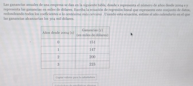 Las ganancias anuales de una empresa se dan en la siguiente tabla, donde x representa el número de años desde 2004 e y
representa las ganancias en miles de dólares. Escriba la ecuación de regresión lineal que represente este conjunto de datos, 
redondeando todos los coeficientes a la centésima más cercana . Usando esta ecuación, estime el año calendario en el que 
las ganancias alcanzarían los 304 mil dólares. 
Copiar valores para la calculadora