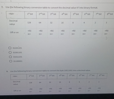 Solved: Use the following binary conversion table to convert the ...