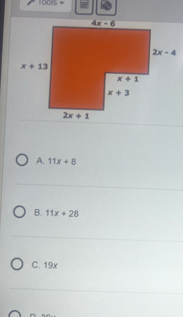 1001S
A. 11x+8
B. 11x+28
C. 19x